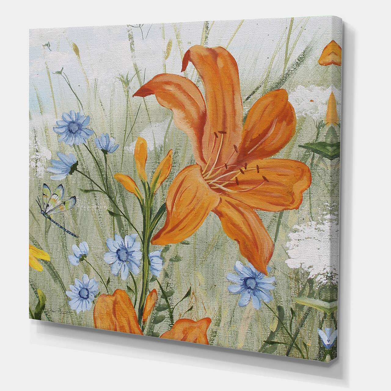 Designart - Orange Wildflowers In The Meadows I - Cottage Canvas Artwork